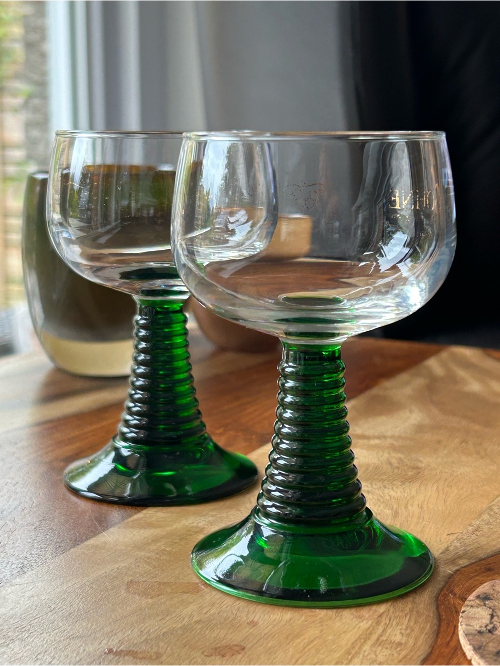 Vintage Roemer German Wine Glasses Green Beehive Stem - Set of Two